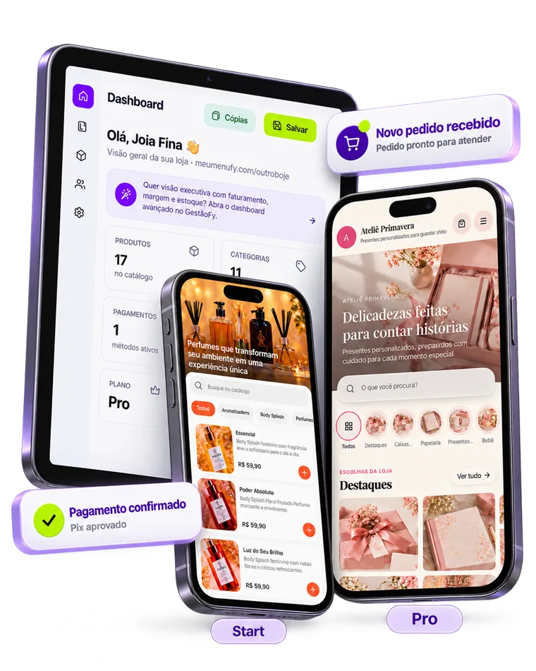 MenuFy Start e Pro em celulares com painel de pedidos
