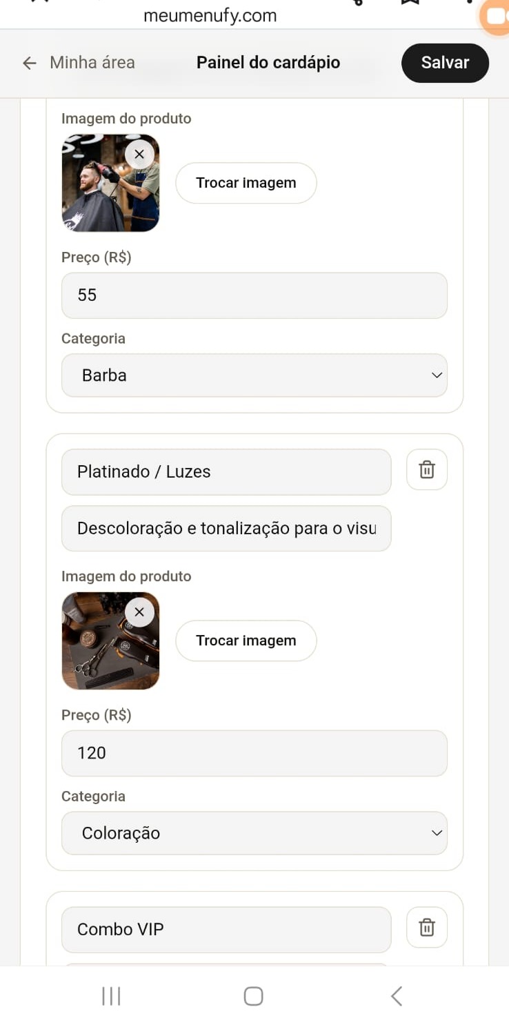 Editor de produtos do MenuFy